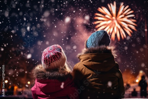 Happy new year. Family watching fireworks. Parents and kids celebrate new year. Winter holiday party. Outdoor fun. Children, mother and father with sparkler watch firework show.