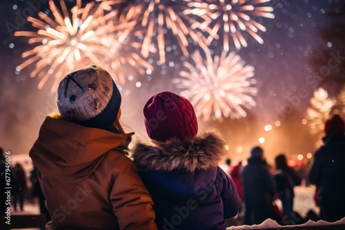 Happy new year. Family watching fireworks. Parents and kids celebrate new year. Winter holiday party. Outdoor fun. Children, mother and father with sparkler watch firework show.