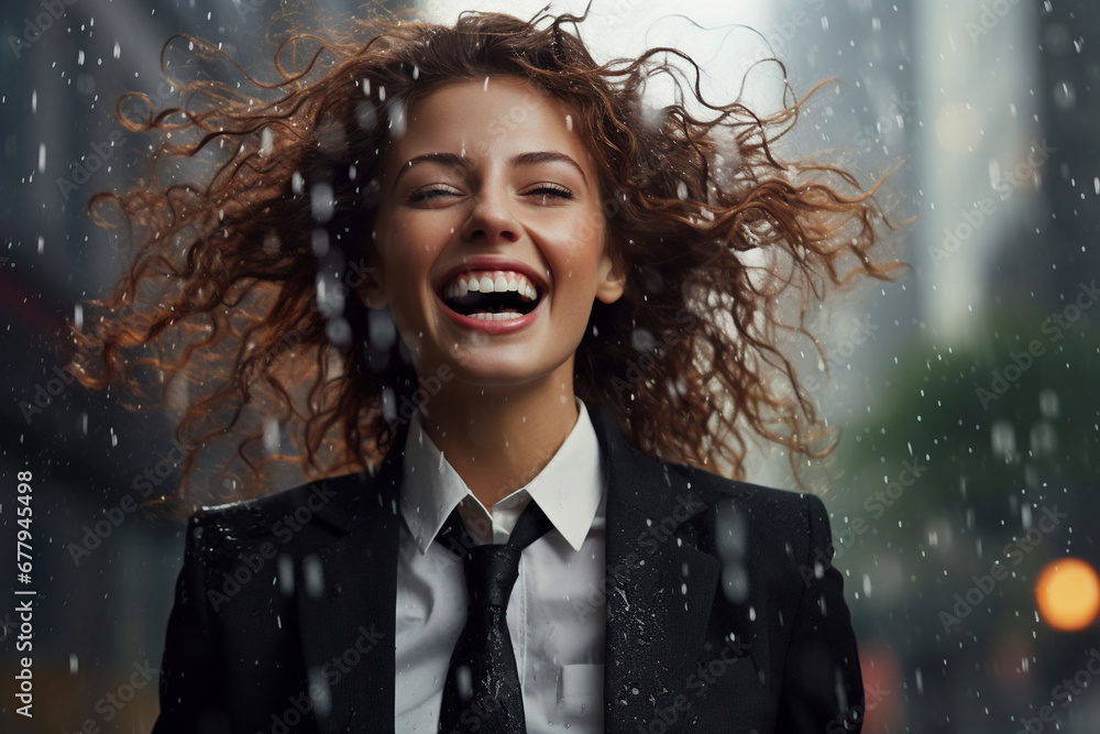 portrait of a happy smiling business person under rain portrait of a happy smiling business person under rain