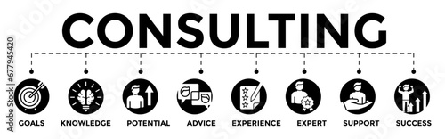 Consulting Banner Vector Illustration Concept with result, evaluate, process, improve, approval, customer, analysis icons	