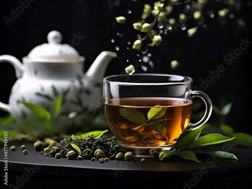 Savor the essence of real tea leaves in a transparent cup, steeped with the robust flavors of strong tea, Ceylon tea, and Chinese tea. An immersive experience capturing the authenticity of pure tea.