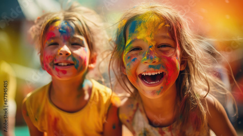 Kids gleefully painting each others faces with bright colors