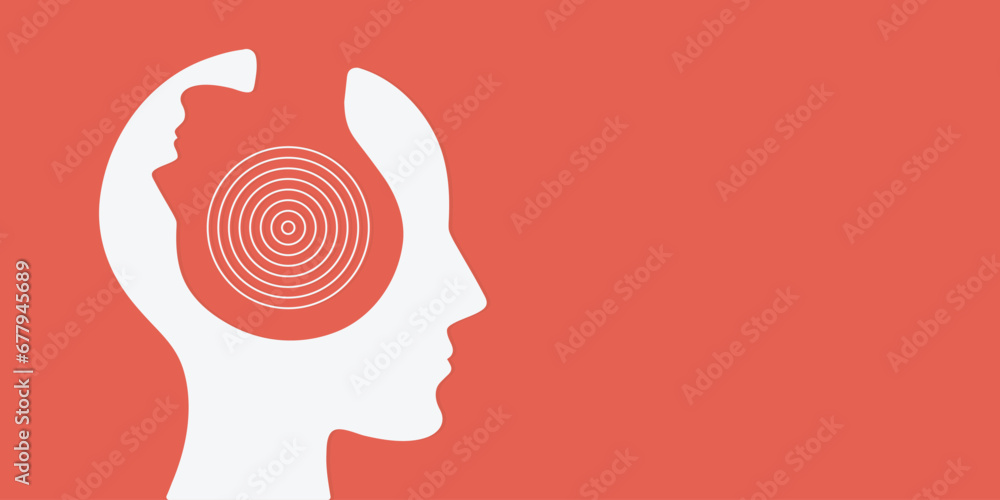 Metaphor bipolar disorder, Parkinson, Double face, Split personality Mental health concept vector. 