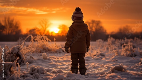 little boy in the snow enjoying the holidays at sunset with hat and jacket, christmas close
