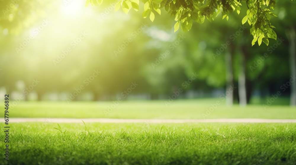 Naklejka premium Green lawn and trees background with copyspace. Nature background concept. Generative AI