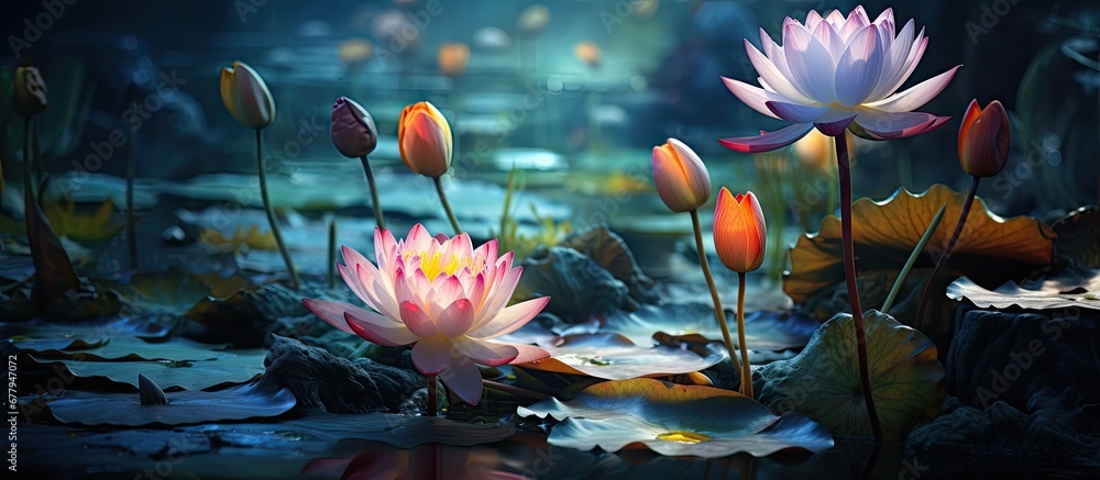 serene and vibrant world of nature a garden blooms with an array of colors found park reflecting the teachings of Buddhism and the symbolic presence of the lotus a flower revered for its bea - obrazy, fototapety, plakaty 