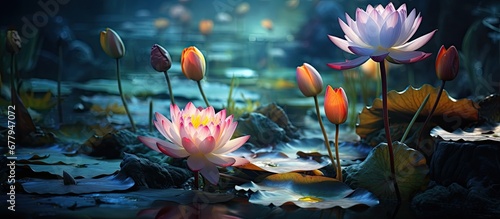 serene and vibrant world of nature a garden blooms with an array of colors found park reflecting the teachings of Buddhism and the symbolic presence of the lotus a flower revered for its bea