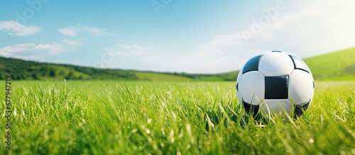 summer heat against a picturesque backdrop of green grass a white soccer ball glides across the field a symbol of the sports success and the joy it brings fun filled season on the meadow wh