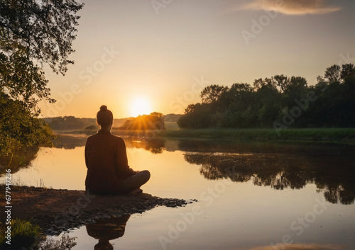 silhouette of a person in a lotus position at sunset