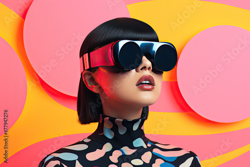 portrait of a woman wearing virtual reality headset with a modern graphic design illustration style