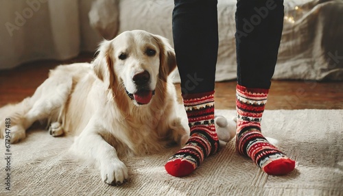 Festive socks on legs and cute golden retriever dog on carpet. Family relax time. Winter Christmas holidays and hygge concept. photo