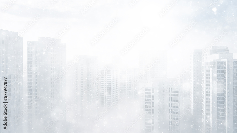 blizzard in the city, abstract blurred light white urban background, snowfall on the background of apartment buildings in the city, silhouette, copy space