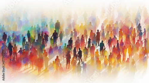 multicolored crowd top view, multicultural silhouettes of people spectrum rainbow watercolor style, light poster society, world