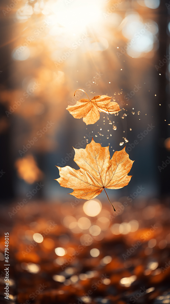 falling autumn leaves and branches nature in light translucent soft color pastel tinting on a sunny day