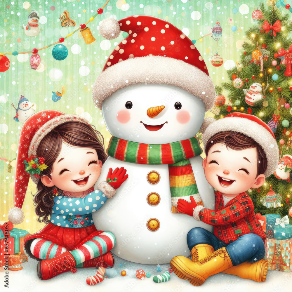 fantasy illustration of joy and celebration of Christmas background with Santa Claus, snowman and Christmas tree fantasy illustration of joy and celebration of Christmas background with Santa Claus, snowman and Christmas tree