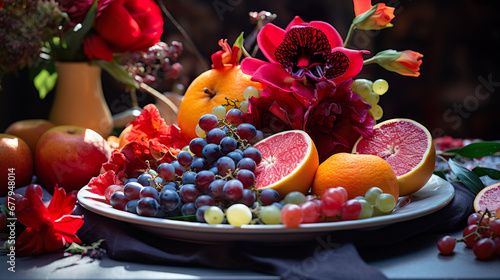 Filled fruit tray with healthy  organic fruits. With fruits placed on the table and a blurry background.