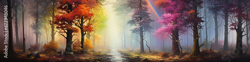 long panorama on row of colorful trees in a fantastic landscape of the forest rainbow spectrum autumn