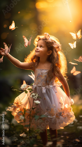 Cute little girl Surrounded by butterflies flying around And it's on a flower. The depth of field is shallow.