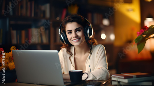 Beautiful girl, cute, Smiling and happy woman working on laptop with headset.