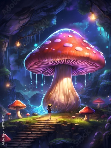 giant mushrooms at night created by AI