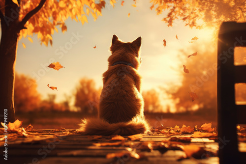 dog in a park in autumn season during late autumn sunset with a sun flares in the background. Generative AI.