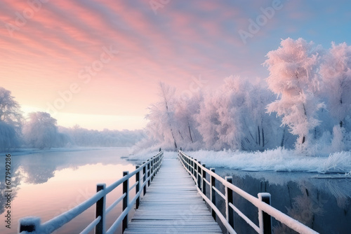 Snowy, wooden bridge in a winter day. Generative Ai