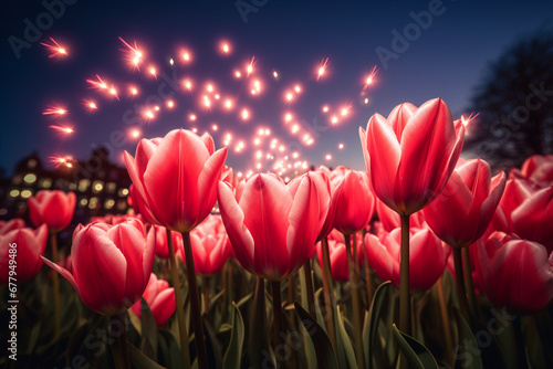 tulips in the wind with firework,new year concept