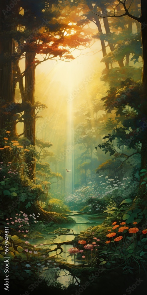 Envision a lush, mystical forest at sunrise—towering trees, iridescent flowers, magical creatures—enchantment, promise of a fantastical adventure.