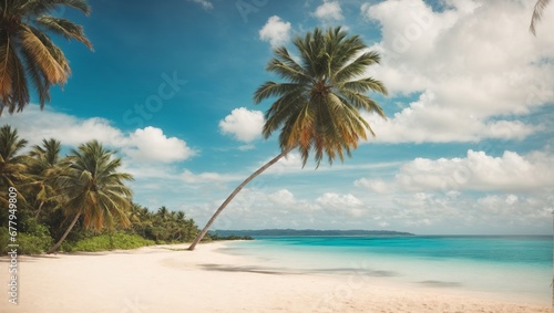 Palm tree on tropical beach with blue sky and white clouds abstract background. Copy space of summer vacation and business travel concept. Vintage tone filter effect color style. Ai Generative