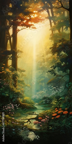 Envision a lush  mystical forest at sunrise   towering trees  iridescent flowers  magical creatures   enchantment  promise of a fantastical adventure.