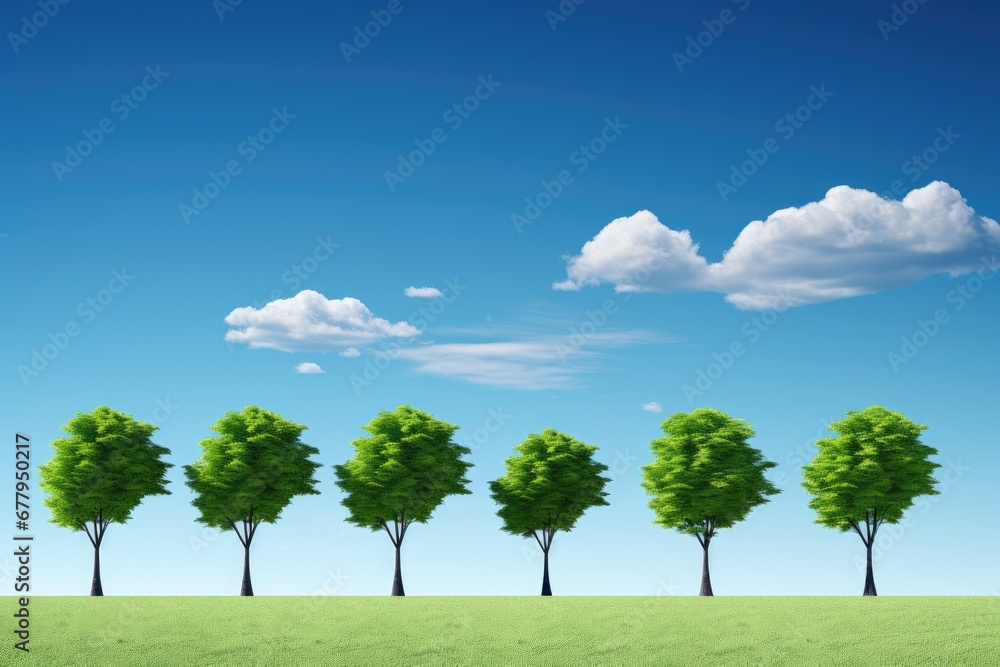 a row of trees on a sunny sky day. AI generative