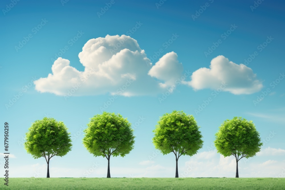 a row of trees on a sunny sky day. AI generative