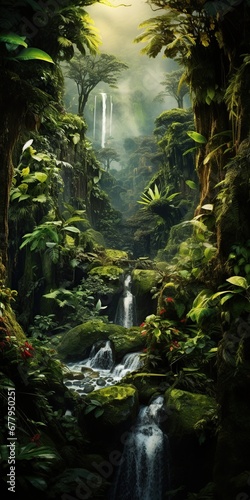 Immerse in a lush tropical rainforest   a symphony of emerald leaves  hidden waterfalls  playful monkeys   adventure and the allure of the wild