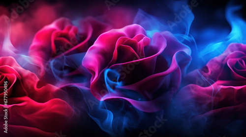 Fototapeta Naklejka Na Ścianę i Meble -  Blue, red, and purple neon rose with smoke.