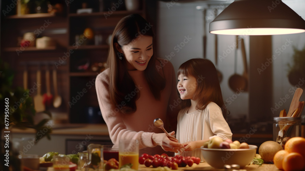 Adorable little girl and young mother happily cooking in the kitchen, modern style, with  food on the table.