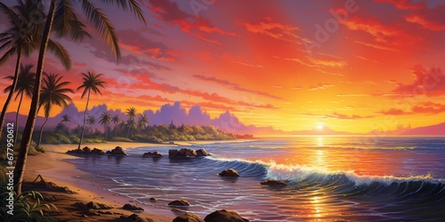 Create an image of a vibrant beach at sunset—palm trees, golden sands, gentle ocean waves—tranquility and tropical paradise euphoria