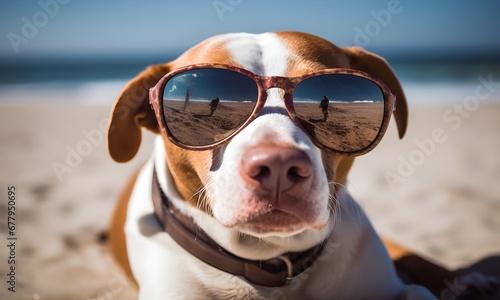 Cocker Spaniel mit Sonnenbrille am Strand / Sommer Hundespaß Foto / Lustiges Tierwelt Poster / Ai-Ki generiert
