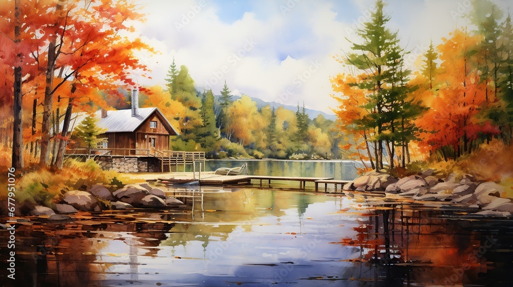 Explore a lakeside cabin in the autumn woods, surrounded by a symphony of vibrant colors—a haven for quiet reflection and solitude