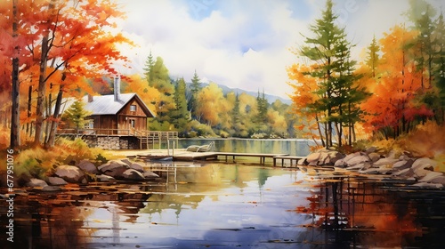 Explore a lakeside cabin in the autumn woods, surrounded by a symphony of vibrant colors—a haven for quiet reflection and solitude