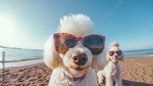 Two poodle dogs wearing sunglasses on the beach. Generative AI. © Natalia