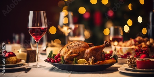 Christmas turkey dinner. Baked turkey garnished with red berries and sage leaves in front of Christmas tree and burning candles photo
