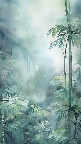 high, narrow, simple background watercolor drawing forest in the jungle in the rainy season © kichigin19