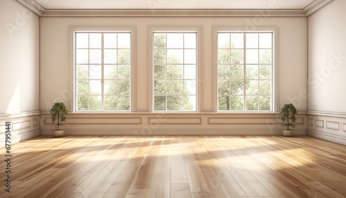 empty vintage living room interior with big windows and wooden floor photo
