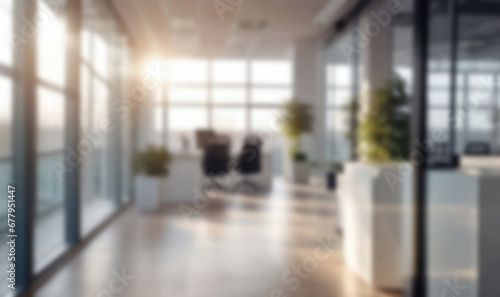 Beautiful blurred background of a light modern office interior with panoramic windows and beautiful lighting