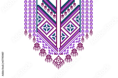 geometric purple lace doily isolated for neckline pattern with small various shapes of lace-like circles, squares, and triangle, embroidery tribal pattern style