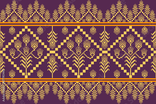 traditional Thai fabric pattern about the golden rice and tree in the square shape line on the purple background.