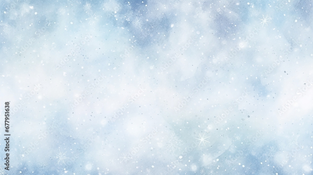 abstract watercolor background snowfall, christmas view blurred blizzard light blue snowflakes on a white city background