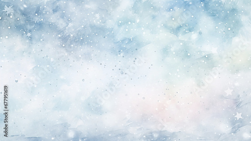 abstract watercolor background snowfall, christmas view blurred blizzard light blue snowflakes on a white city background