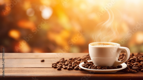 Hot coffee in a white coffee cup With steam rising from the cup and lots of coffee beans placed around.