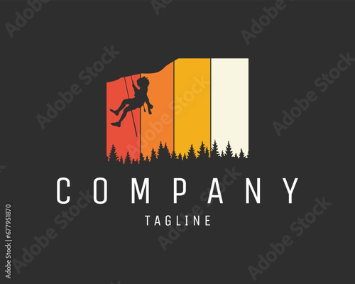 mountain climber hanging with rope silhouette. isolated background with amazing mountain view with dusk. best for logos, badges, emblems, icons, design stickers, adventure industry.